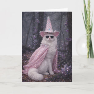 Carte Chat de magicien magique en cape et chapeau rose b