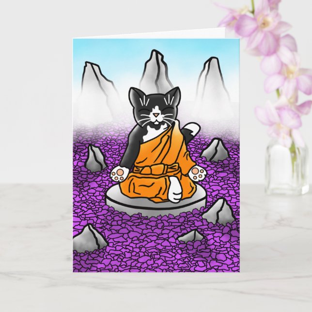 Carte Chat de méditation bouddhiste Tuxedo (Orchidée)