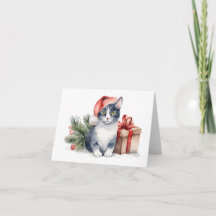 Chat de Noël aquarelle avec cadeau