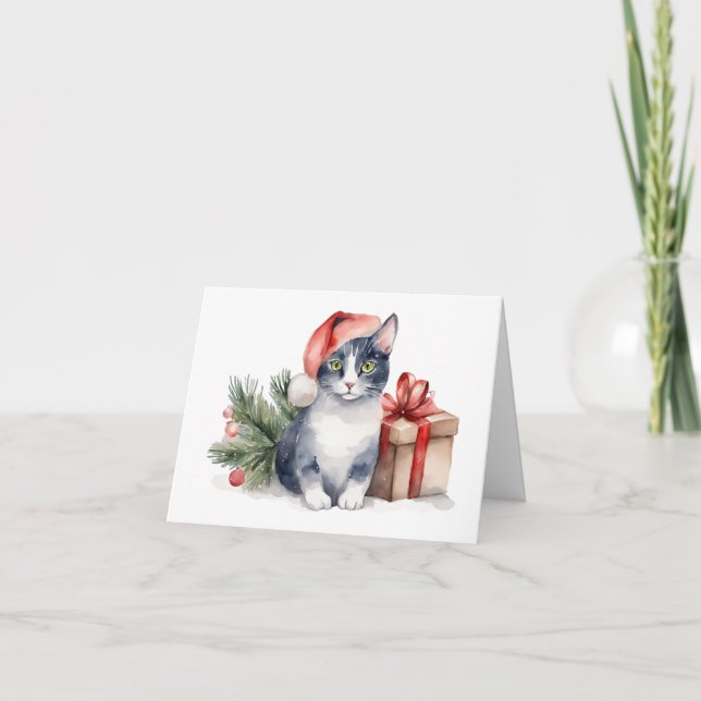 Carte Chat de Noël aquarelle avec cadeau (Devant)