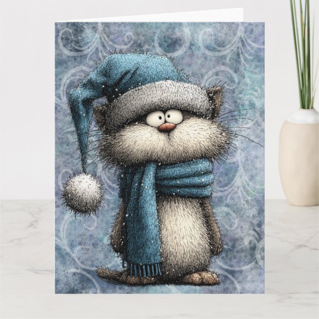Carte Chat de Noël bleu d'hiver avec chapeau et écharpe (Devant)