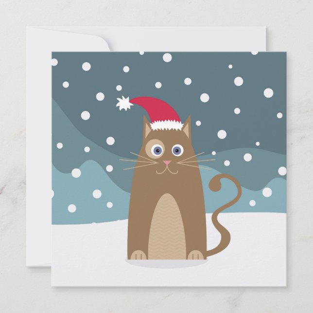 Carte Chat de Noël dans la forêt de neige, chaton santa (Devant)