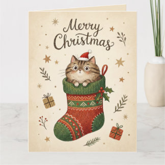Carte Chat de Noël dans une chaussette