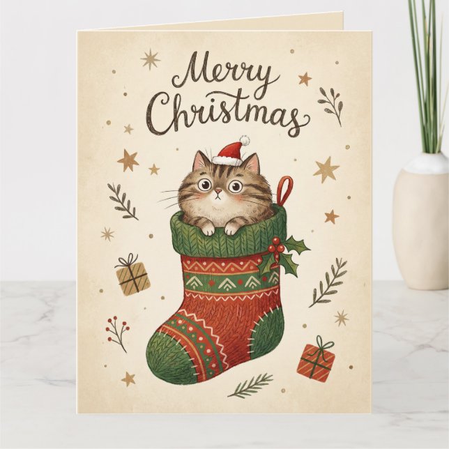Carte Chat de Noël dans une chaussette (Devant)