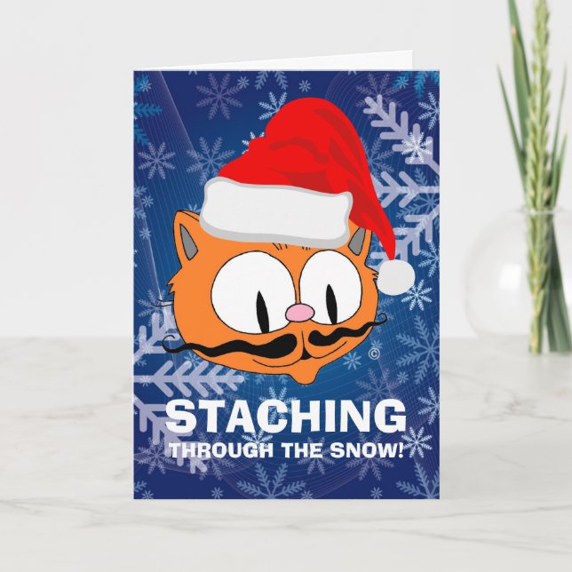 Carte Chat de Noël drôle à moustache de dessin animé (Devant)