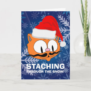 Carte Chat de Noël drôle à moustache de dessin animé