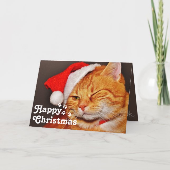 Carte Chat de Noël drôle clin d'œil Santa&Joyeux Unique  (Devant)