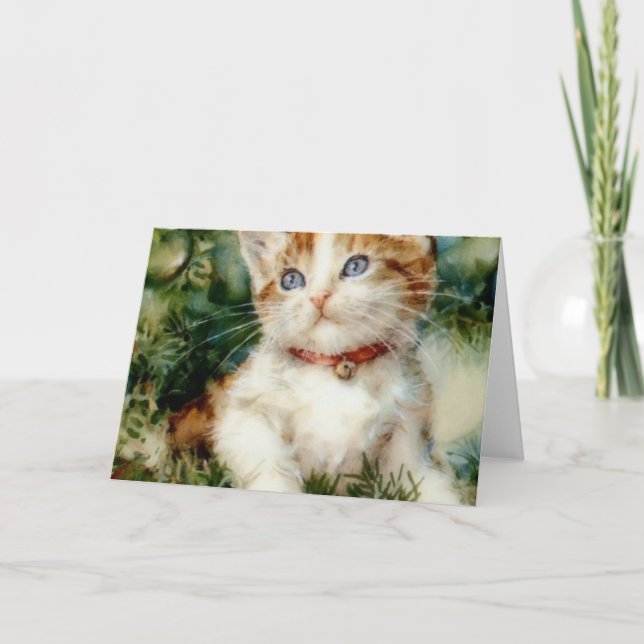 Carte Chat de Noël duveteux Aquarelle (Devant)