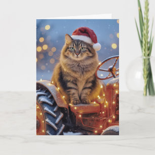 Carte Chat de Noël Maine Coon sur un vieux tracteur