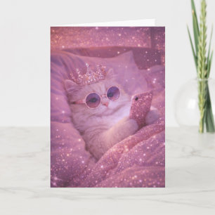 Carte Chat de princesse gâtée textant au lit