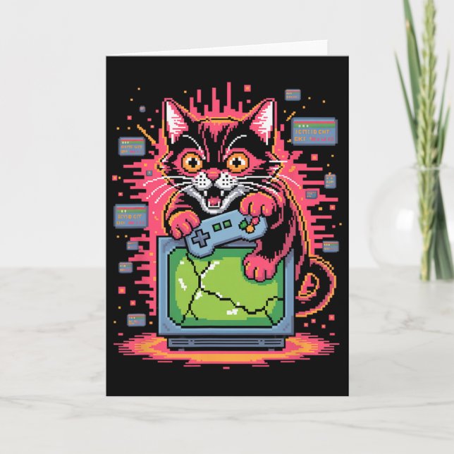 Carte Chat de rage en pixel art pour joueur rétro, Glitc (Devant)