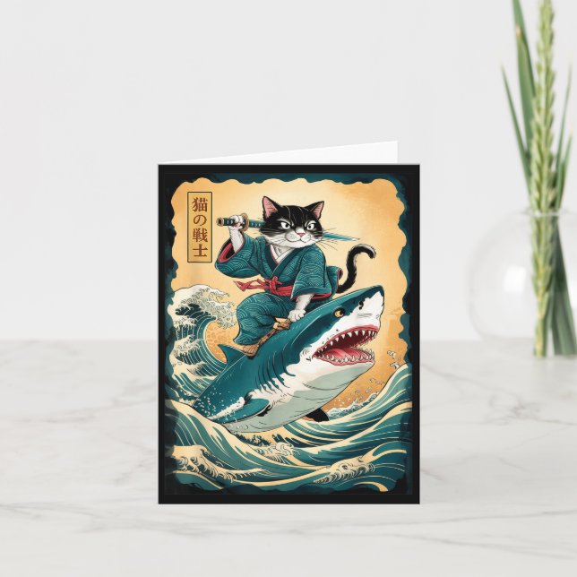 Carte Chat de samouraï drôle chevauchant un requin Chat  (Devant)