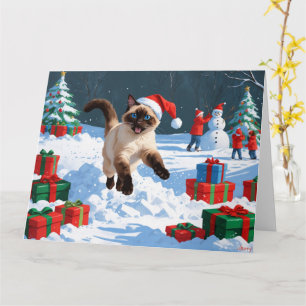 Carte Chat de Siamese coule en neige avec Casquette de N