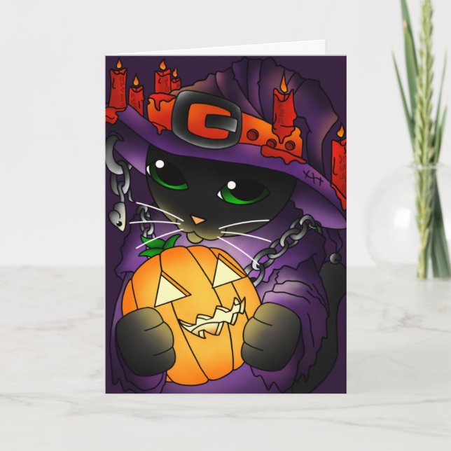 Carte Chat de sorcière noire Citrouille d'Halloween (Devant)
