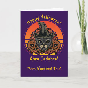 Carte Chat d'Halloween en sorcière Casquette Abra Cadabr