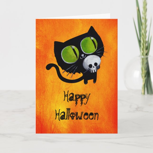 Carte Chat d'Halloween noir avec crâne (Devant)
