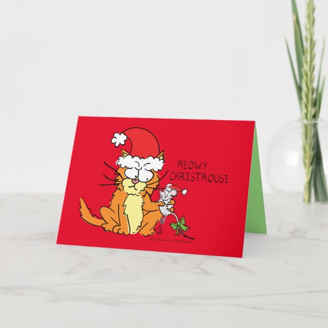 Carte Chat drôle de Noël dessin animé mignon souris (Devant)