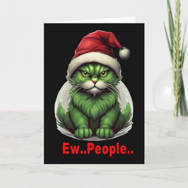 Carte Chat drôle de Noël festif vert Ew personnes  (Devant)