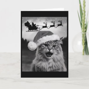 Carte Chat drôle de selfie avec le Père Noël Xmas traîne