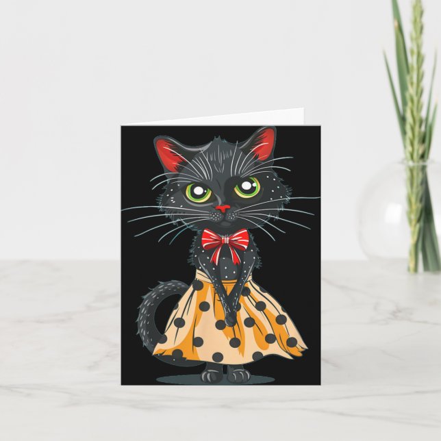 Carte Chat drôle en robe à pois avec noeud (Devant)