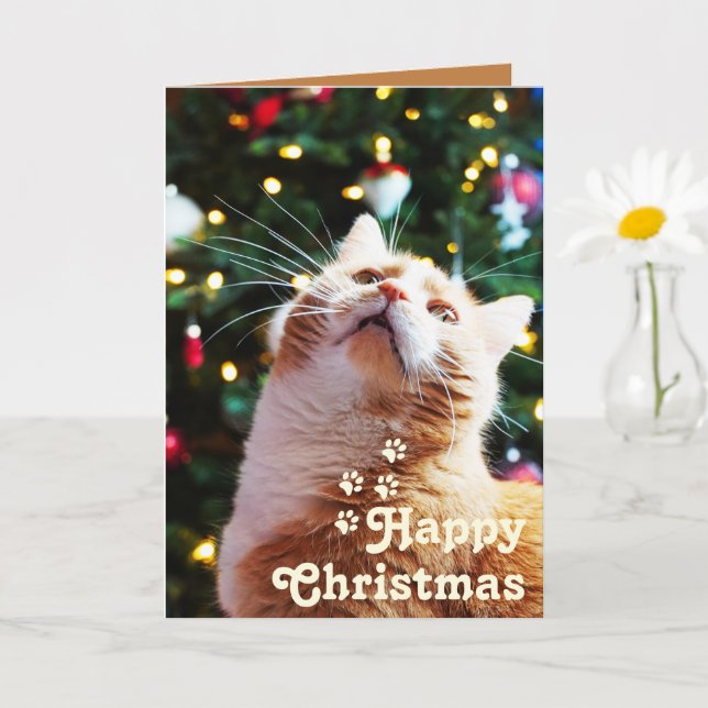 Carte Chat drôle et arbre vert& Joyeux Noël Unique    (Petite plante)