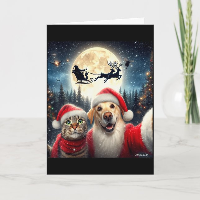 Carte Chat drôle et chien selfie avec le Père Noël Noël (Devant)