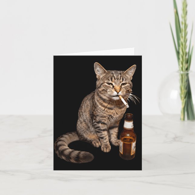 Carte Chat drôle fumant buvant de la bière mème stupide (Devant)