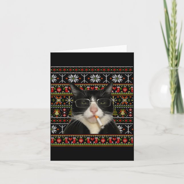 Carte Chat drôle fumeur Mème Noël Sweat Ugly Cat  (Devant)