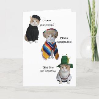 Carte Chat drôle/Kitty Joyeux anniversaire en six langue