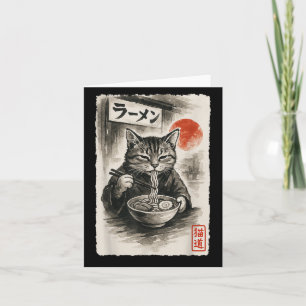 Carte Chat Drôle Mangeant des Nouilles Ramen Sumi-e Japo
