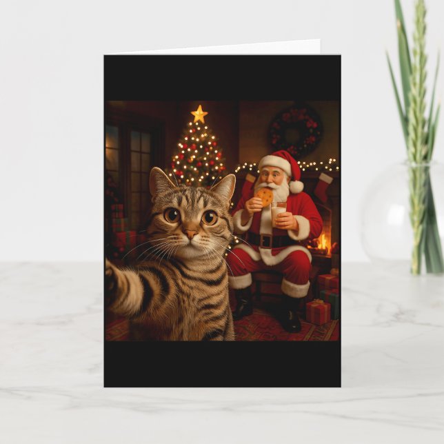 Carte Chat Drôle Selfie Père Noël Mangeant des Cookies C (Devant)