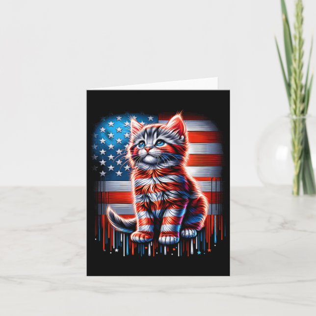 Carte Chat du 14 juillet drapeau américain chaton mignon (Devant)