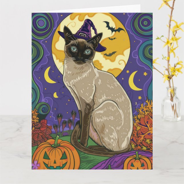Carte Chat éffrayant Siamese Halloween sorcière et Citro (Fleur jaune)