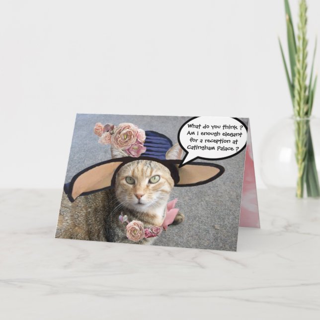 CARTE CHAT ÉLÉGANT AVEC CASQUETTE DIVA, ROSES ROSES ROSE (Devant)