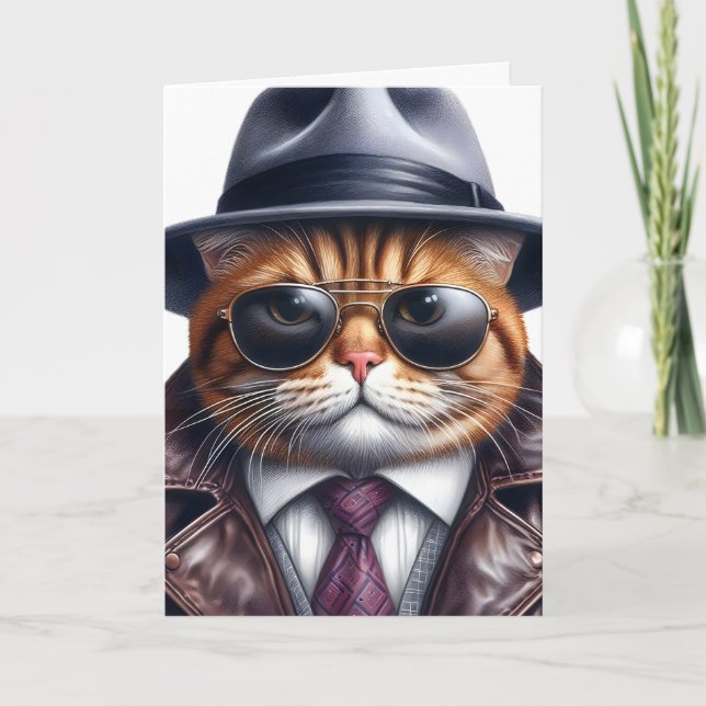 Carte Chat en costume avec lunettes de soleil chapeau ve (Devant)
