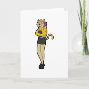 Carte Chat en tant que secrétaire avec portable et télép