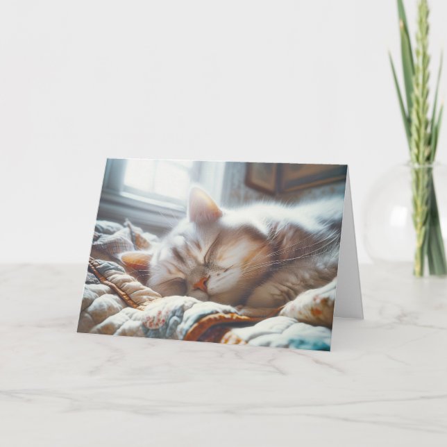 Carte Chat endormi sur vieille courtepointe d'anniversai (Devant)