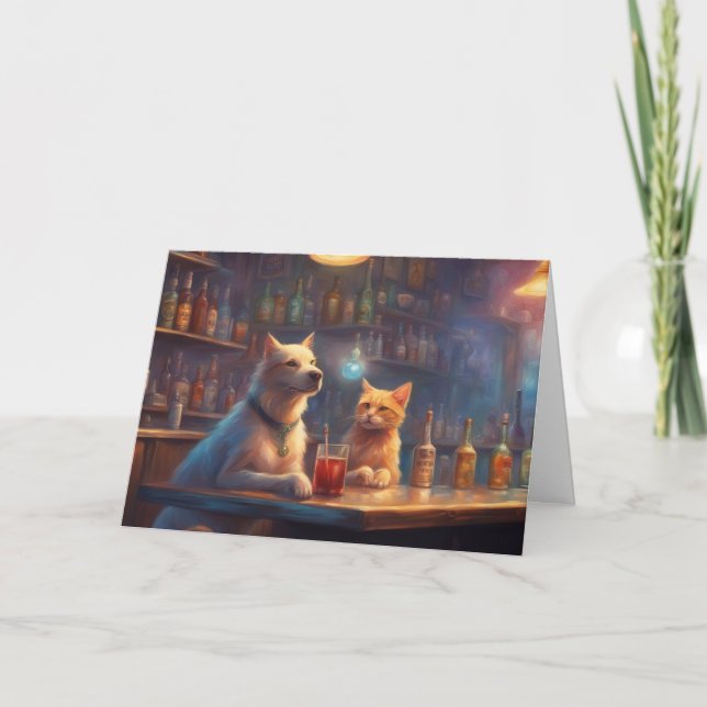 Carte Chat et chien dans un bar discutant des choses pou (Devant)