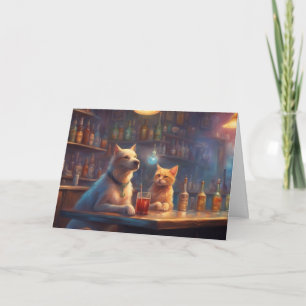 Carte Chat et chien dans un bar qui parle de l'anniversa