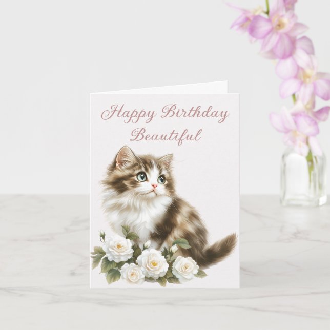 Carte Chat et fleurs heureux désir d'anniversaire (Orchidée)