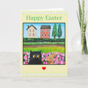 Carte Chat et Lapin parmi les Tulipes Joli Paysage Print