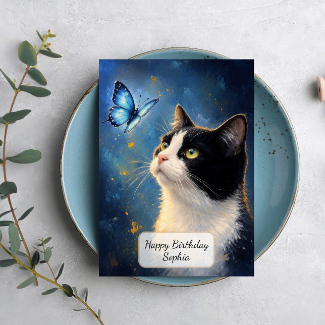 Carte Chat et papillon bleu (Créateur téléchargé)