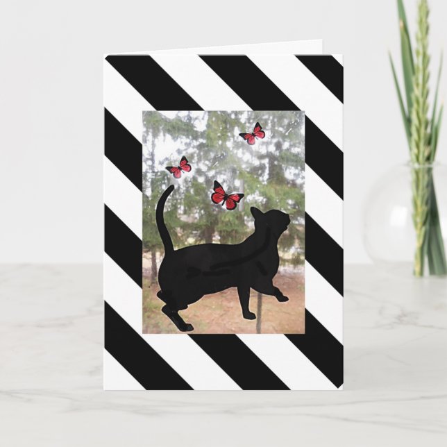 Carte Chat et papillon noir, blanc rayé anniversaire (Devant)