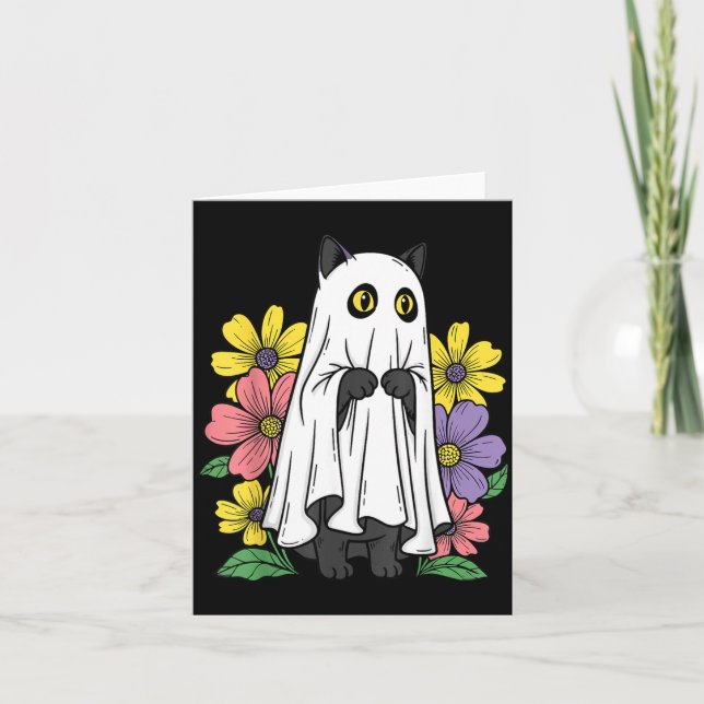 Carte Chat fantôme d'Halloween Chat noir mignon Fleurs (Devant)