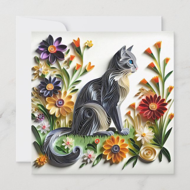 Carte Chat Faux Papier Quilling Chat et Fleurs (Devant)