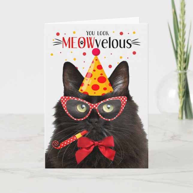 Carte Chat Fluffy Noir MEOWvelous Anniversaire (Devant)