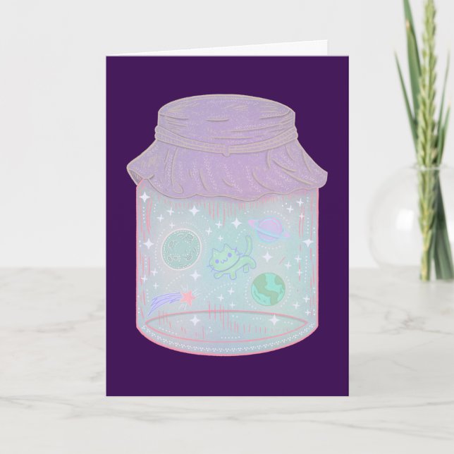 Carte Chat Galaxie dans un Pot | Art de Chat Kawaii de l (Devant)