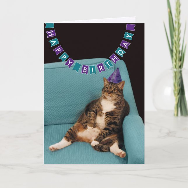 Carte Chat gras amusant en Casquette violet Joyeux anniv (Devant)