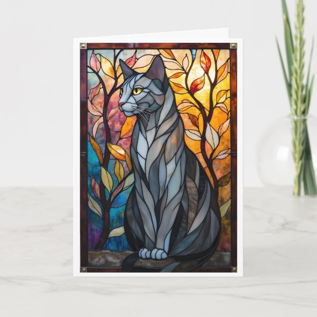 Carte Chat gris aux feuilles de style vitrail (Devant)