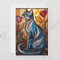 Chat gris avec des fleurs de style vitrail